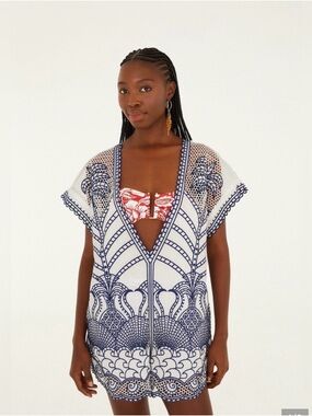 FARM Rio White Crochet Coverup with Navy Embroidery